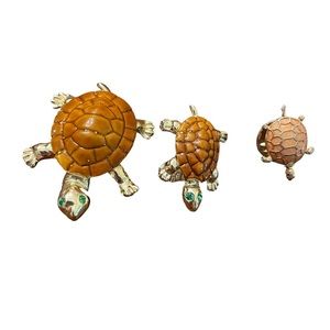 SOLD VTG Sea Turtle Brooches 3 Pins Enamel Green Rhinestone Gold-Tone Unsigned
